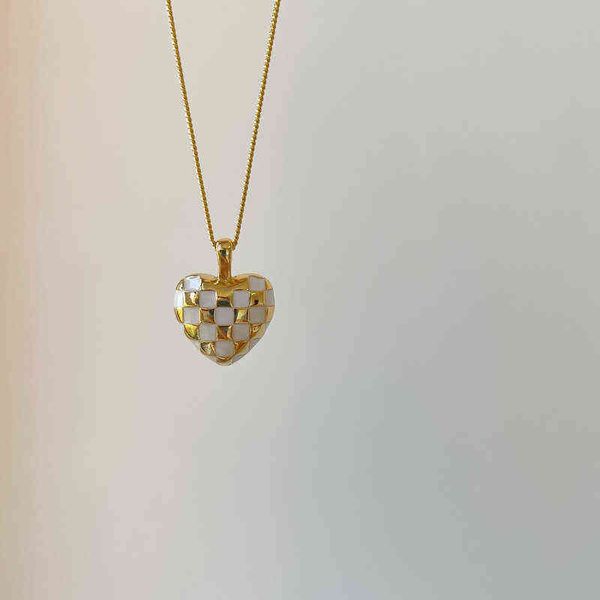 

s925 sterling silver ins style temperament fashion golden love heart checkerboard epoxy necklace female clavicle chain