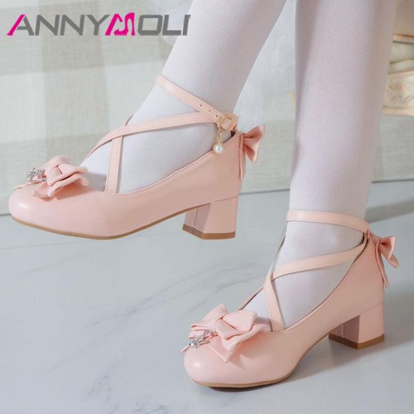 

dress shoes annymoli women ankle strap bow mid heel sweet pumps buckle cross tied lady block heels footwear pink 43, Black