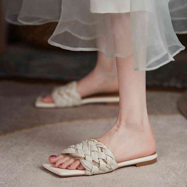 

slippers arrival of leather from the current plutonium decoration women's slippers weave comfortable smooth heels summer casual shoes 0, Black