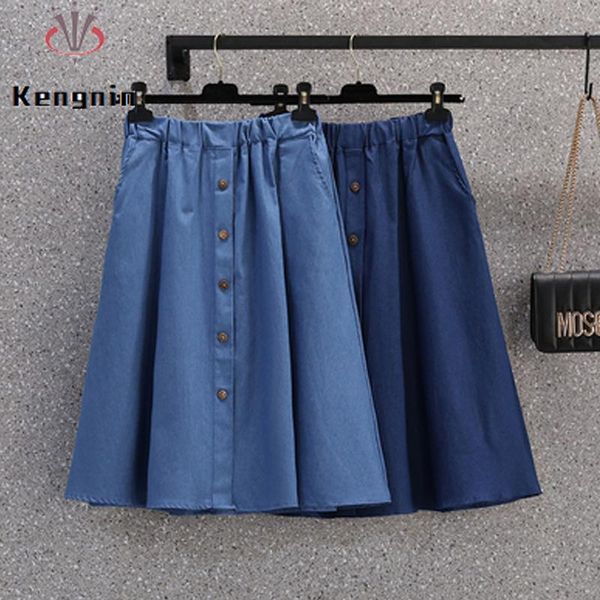 

skirts plus size 4xl women denim 2021 summer high elastic waist button ladies jean loose thin female skirt clothes ke1315, Black
