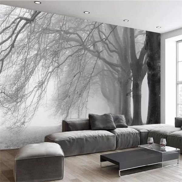 Beibehang Tapete, weiße Tapete, Wandgemälde, schwarz-weiß, abstrakt, abstrakter Baum, Wohnzimmer, Schlafzimmer, TV-Hintergrund