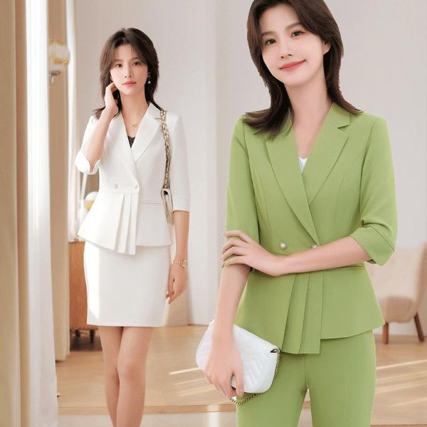 

women's two piece pants izicfly summer style green yellow business half uniform blazer set women slim office work wear pant suits 2 pie, White