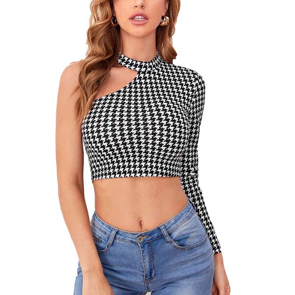 

women black white plaid crop cutout round neck one shoulder long sleeve shirt blouses x0521