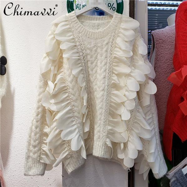 

women's sweaters european style 2021 autumn fashion long sleeve stitching irregular lace knitted pullover loose temperament sweater all, White;black