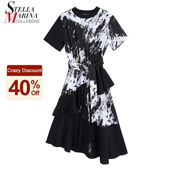 

New 2021 Woman Summer Clothing Black Printed Casual Dress Pin Up Sashes Sloping Hem Painting Style Unique Casual Robe Femme 8217, Black 8217