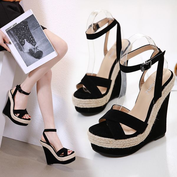 

2021 new fashion women summer sandals shoes buckle strap leisure platform wedges sandals wedges high heels 14cm shoes black