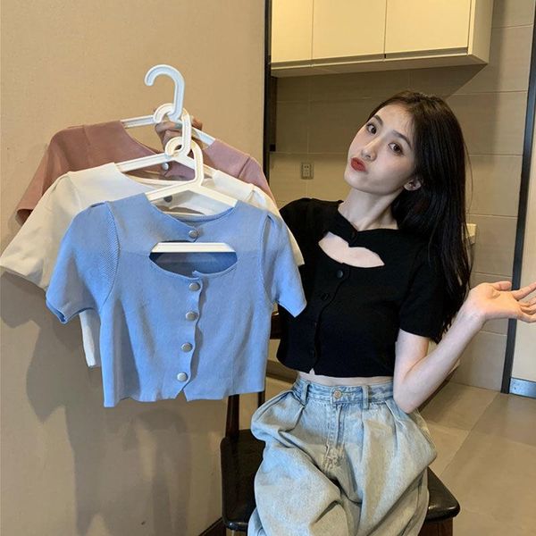 

women's t-shirt hollow out knit women crop t shirt short sleeve o-neck solid slim fashion single-breasted streetwear 2021 summer y4, White