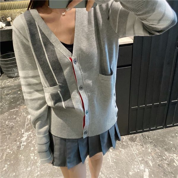 

tb grey contrast cardigan 8787 style color matching knitted jacket asymmetric striped sweater blouse women, White