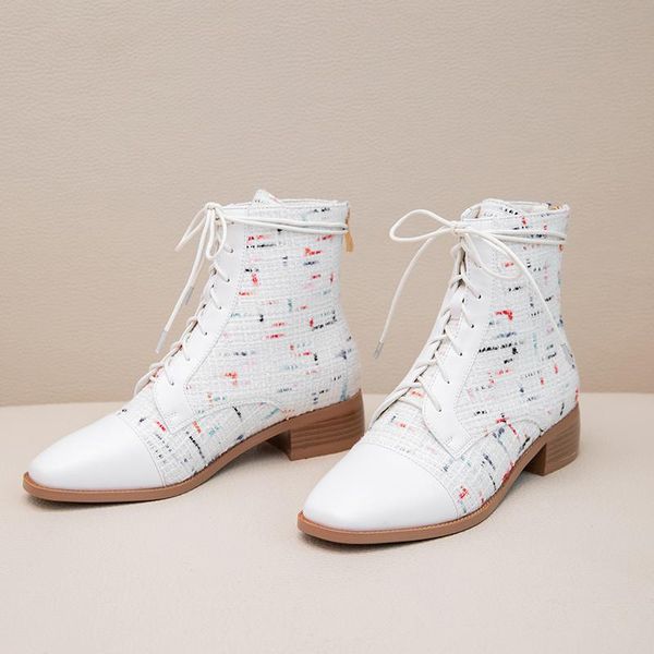 

boots lovirs women lace up ankle stitching style square toe low heel spring and autumn for elegant shoes, Black