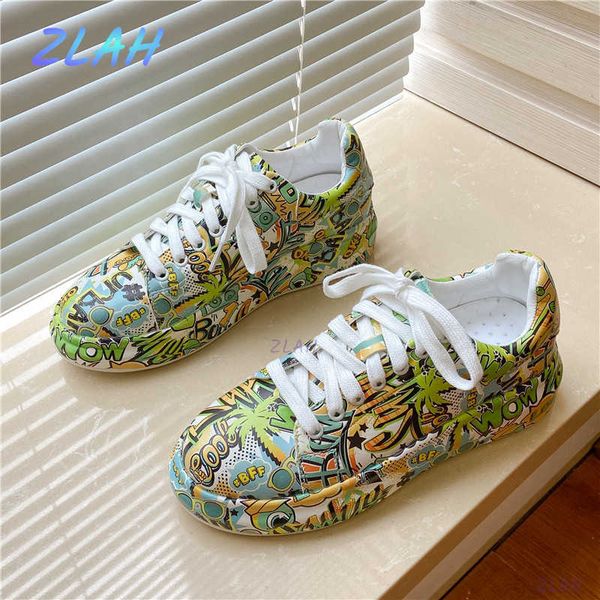 

new style women's sports shoes graffiti casual zlah ladies fashion flat vulcanized y0907, Black