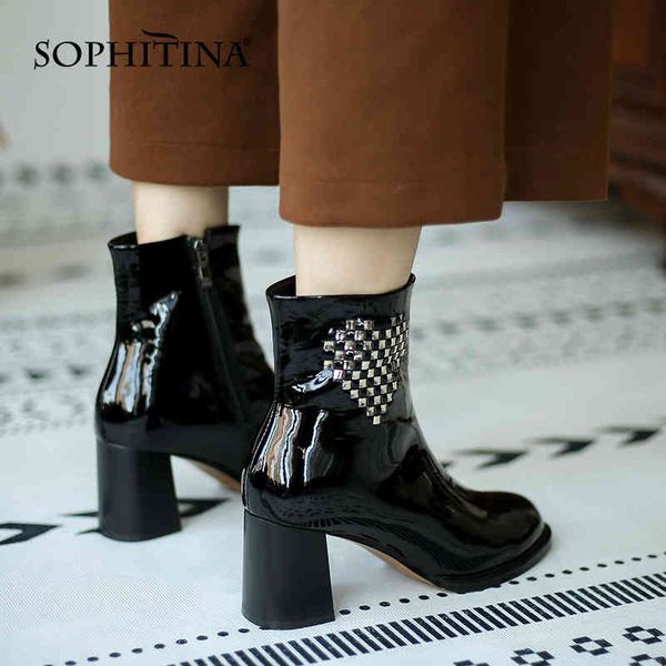 Sophitina Mulheres Botas Moda Elegante Handmade Handmade Senhoras Botas de Coração Decoração Decoração Quadrado Sapatos de Salto Alto Mulheres So719 210513