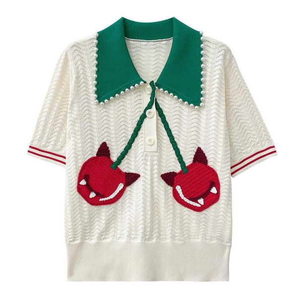 

women's t-shirt devil cherry rivets collar knitted t shirt summer stylish knitwear tees short sleeve for women, White