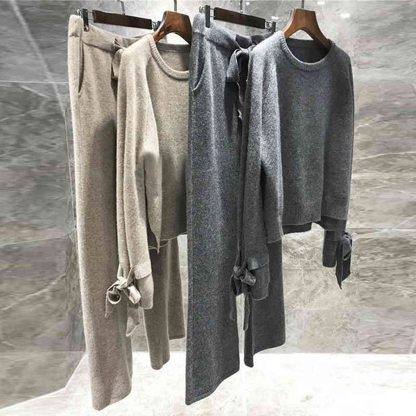 

women's two piece pants wool knitted 2 set cashmere loose sweater pullover elastic wiast suit women tracksuit 382m, White