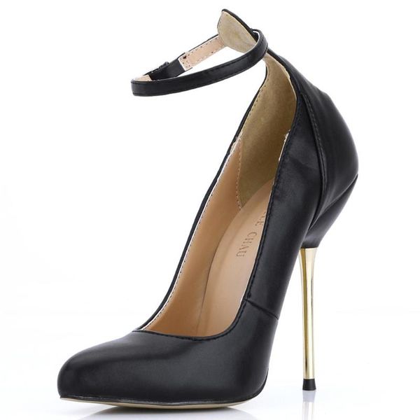 

dress shoes patent party pointed toe stiletto iron high heel women pumps ankle strap fashion ladies office yj3845a-b, Black