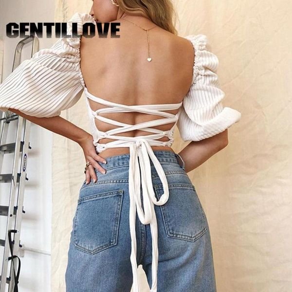 

backless bandage square collar women t-shirt white puff sleeve y2k short elegant skinny party streetwear women's