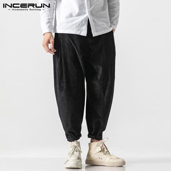 

men's pants incerun men corduroy joggers plain vintage button streetwear baggy casual winter trousers 2021 pantalones hombre s-5xl, Black