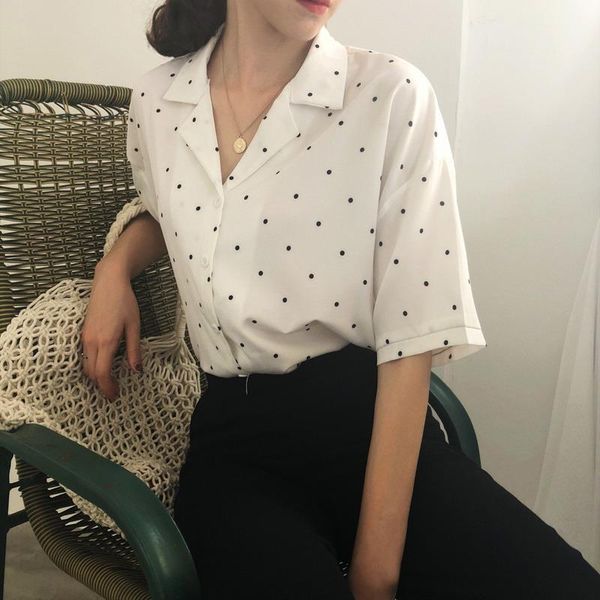 

fashion womens shirts polyester women polka dot summer short sleeve blouse turn down collar casual, White