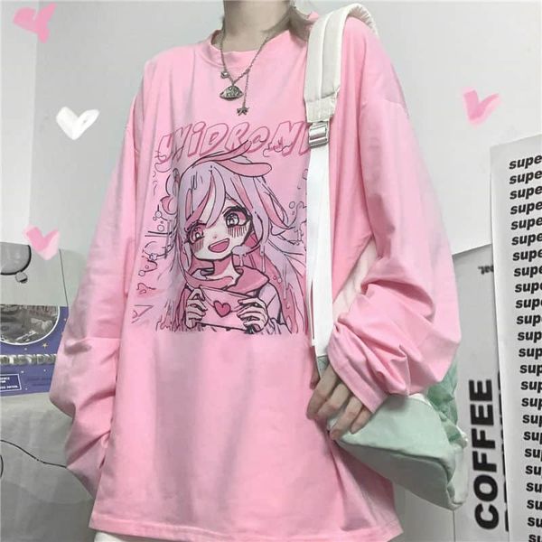 

t-shirt long sleeve female soft girl japanese ins cute anime girl print autumn 2021 new loose t-shirt student streetwear, White