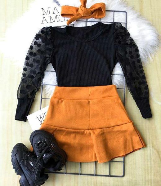 

clothing sets little girls stylish 2pcs outfits, round collar polka dots mesh long sleeve t-shirt + solid color pleated skirt, 2-7years, White