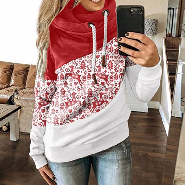 

women's hoodies & sweatshirts splicing hooded sweatshirt womens korean fashion christmas print long sleeves casual pullover bluza, Black