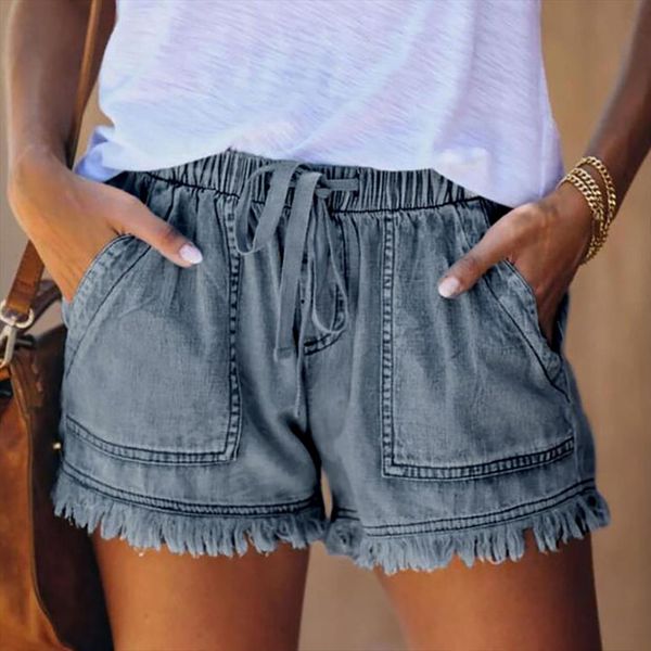 

pocket jeans denim drawstring tassel womens capris bandage button solid color casual shorts, Black;white