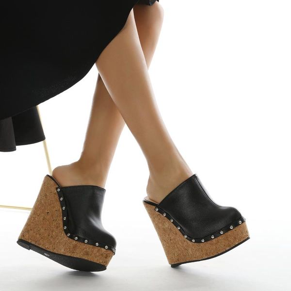 

summer women sandals slippers plus size 35-42 rivet platform wedge high heels casual shoes for slides sandales femmes, Black