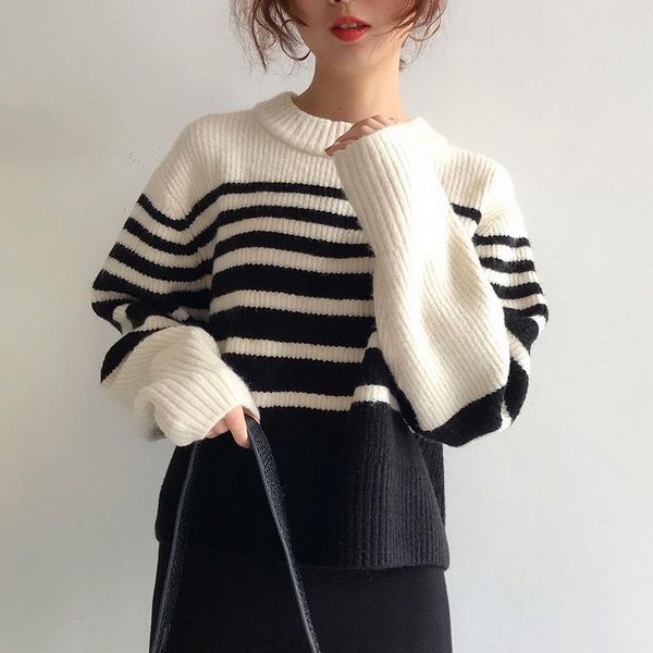 

women's sweaters 2021 autumn winter long sleeve striped pullover sweater knitted o-neck korean fashion jumper, White;black