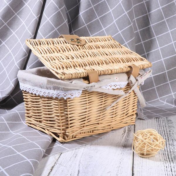 

rural style wicker storage box with lock creative fabric lining container case organizer (original color frame+blue white stripe baskets