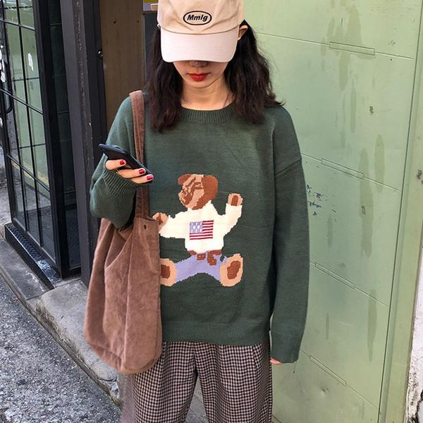 

colors 2021 autumn and winter korean style cartoon bear knitted sweaters womens warm pullovers (f1415) women's, White;black