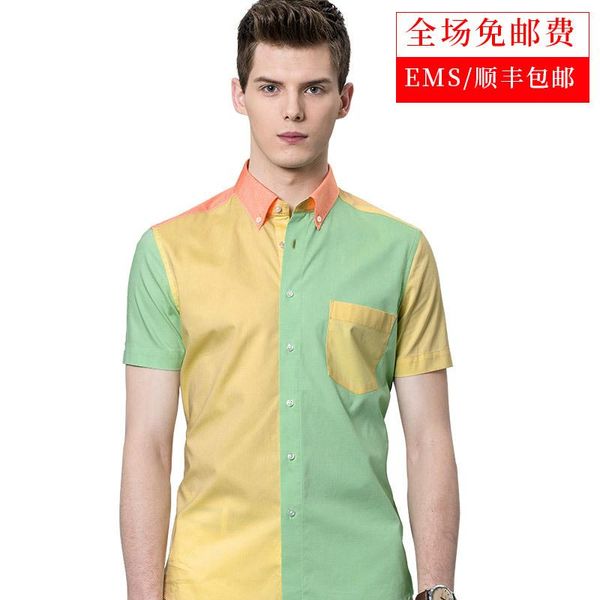 

pure cotton short sleeve shirt male splicing spell color collision shi inch trend boys leisure half men's casual shirts, White;black