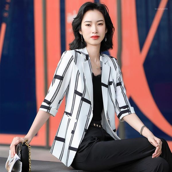 

women's suits & blazers korean style spring summer printing print suit blazer office lady cropped jacket plus size clothing for women, White;black