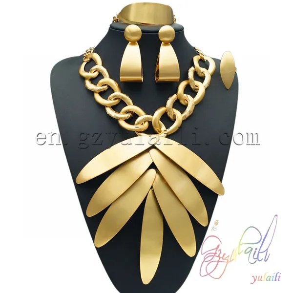 Ohrringe Halskette YULAILI 24 Karat Dubai Pure Gold Farbe Blatt Schmuck Sets Est Mode Kostüm Großer Anhänger