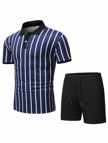 

men striped contrast collar polo shirt & drawstring waist shorts a5ep#, Gray