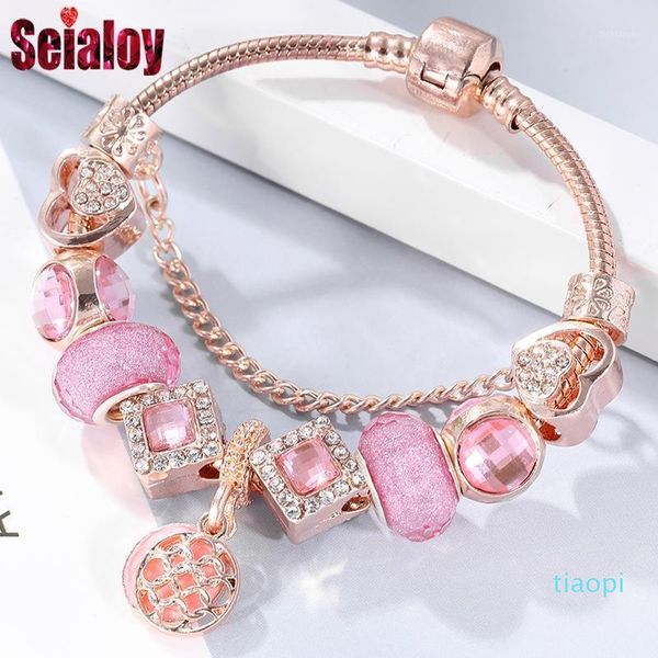 

seialoy rose gold charm bracelets for women heart pink crown sven beads bracelet bangle fit girls couple friendship jewelry gift1, Golden;silver