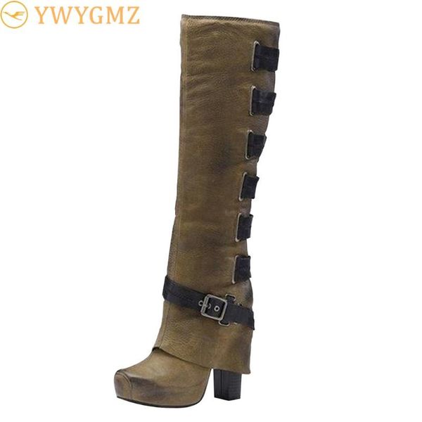 

boots women's buckle knee bare square high heel casual long tube punk combat motorcycle booties plus size 43 european shoes, Black
