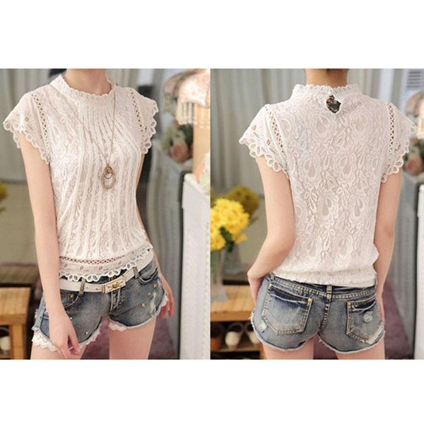 

women's blouses & shirts ladies office shirt white lace blouse short sleeve stand collar women patchwork crochet