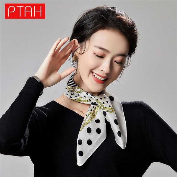 

scarves [ptah]100% mulberry silk scarf sun protection ladies party banquet lightweight square breathable dots 55*55cm, Blue;gray