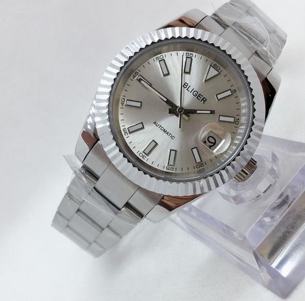 

wristwatches 40mm mechanical men wristwatch sapphire glass dtae window mental strap miyota movement, Slivery;brown