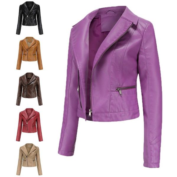 

women's leather & faux washed pu jackets long sleeve zip-up stand collar short jacket solid fashion slimming motorcycle riding black co
