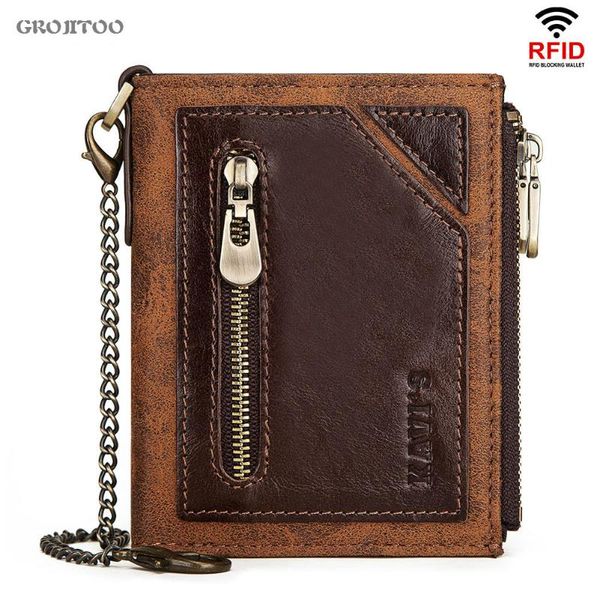 

men's wallet anti theft brush rfid leather multi function double zipper vertical fashion purse wallets, Red;black