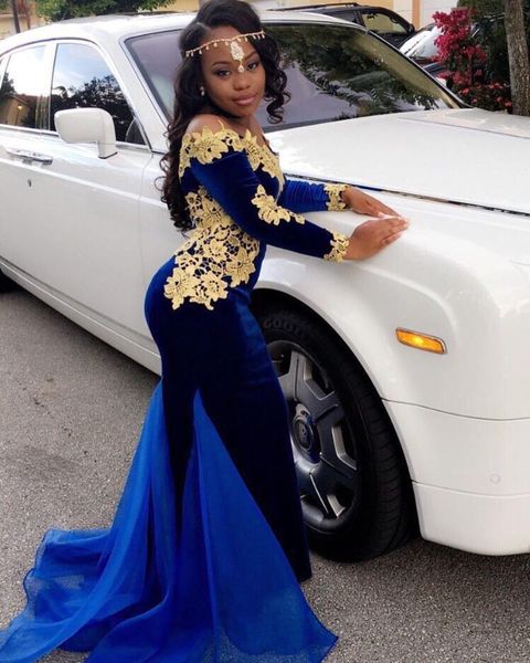 

party dresses mermaid boat neck long sleeve gold flower lace appliques navy blue velour with tulle skirt train evening prom, White;black