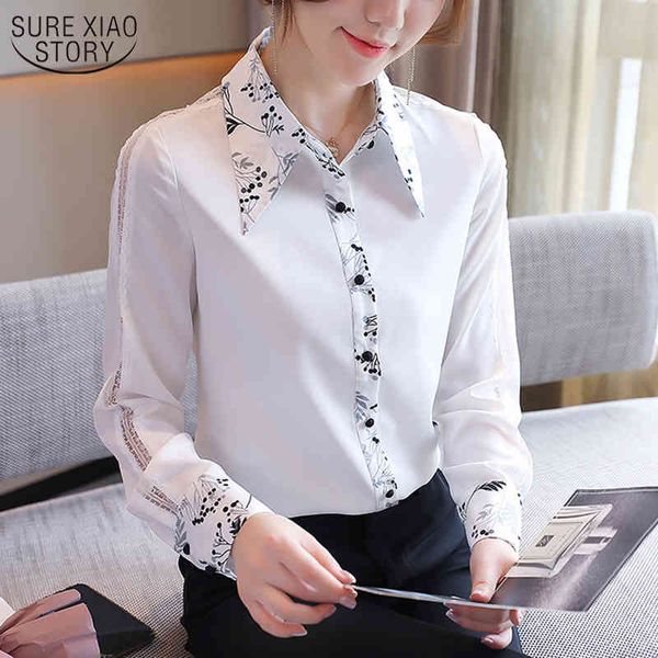 Autumn Chiffon Chiffon Camiseta Coreano Ol Estilo Cardigan Branco Manga Longa Blusa Mulher Feminino Blusas Mujer 11405 210508