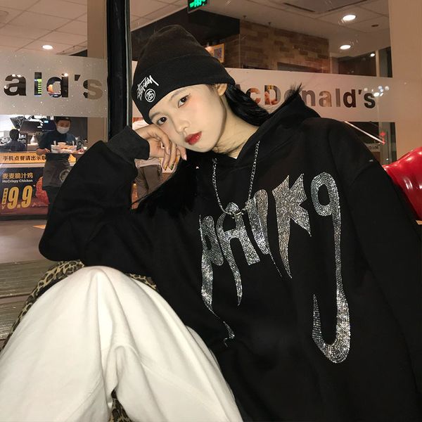 

women's 2021 new spring korean street hip hop diamond black loose student hooded jacket fashion
