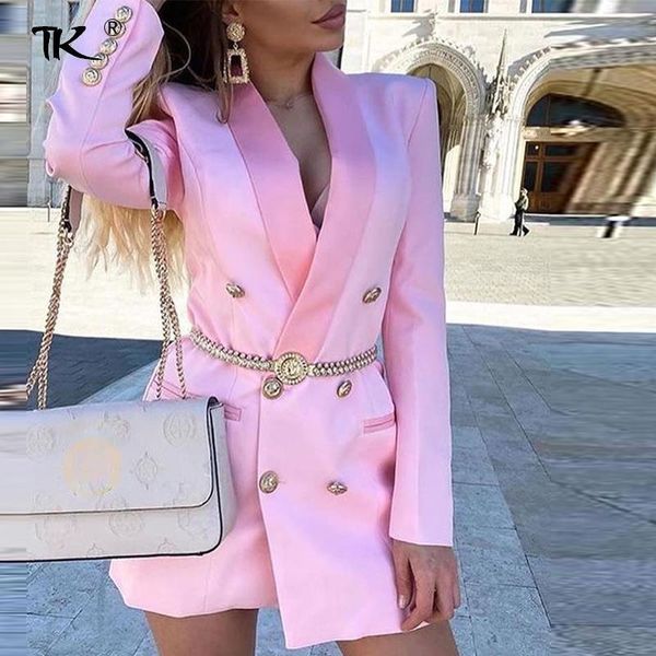 

women's suits & blazers solid women double breasted turn-down collar pink blazer elegant slim lady long 2021 autumn casual fashion no, White;black
