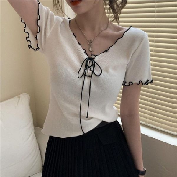 

women's t-shirt casual sweet black bandage t-shirts women summer v-neck short sleeve y2k harajuku kawaii cute female korean tshirt cro, White