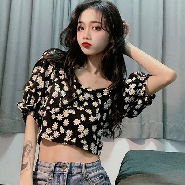 

women's sling blouse sweet floral print blouses summer square collar short sleeve shirt 2021 & shirts, White