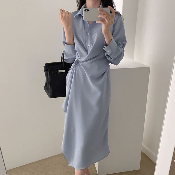 

casual dresses women spring summer shirt oversize buttons irregular korean elegant lady long wmep, Black;gray