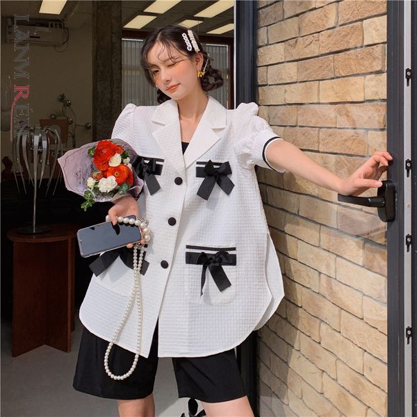 

women white shirt short sleeve bow decoration laple shirts large size for female summer fashion clothing 2h147 210507