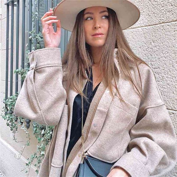 ZXQJ Vintage Kadın Deve Yün Ceketler İlkbahar Sonbahar Moda Bayanlar Zarif Gevşek Uzun Mont Streetwear Kızlar Chic Dış Giyim 210922