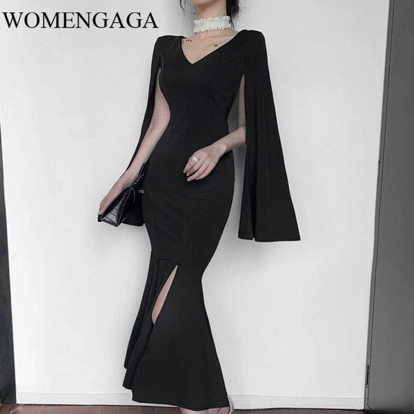 

womengaga winter autumn v neck goddess big brand temperament long thin ruffle trumpet / mermaid dresses robe 0ybr 210603, Black;gray